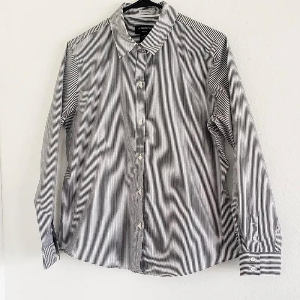 Womens PXL Liz Claiborne Career Gray White Striped Long Sleeve Button Up Shirt
